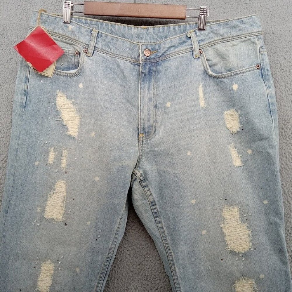 Seven7 Jeans Womens 24  Light Blue Rhinestones Distressed Ripped Wide Leg Denim - Picture 3 of 15